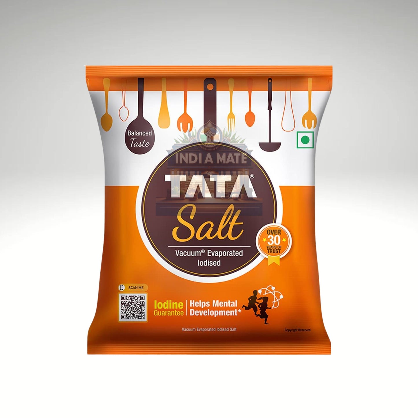 Tata Salt packaging with orange and white design on a gray background