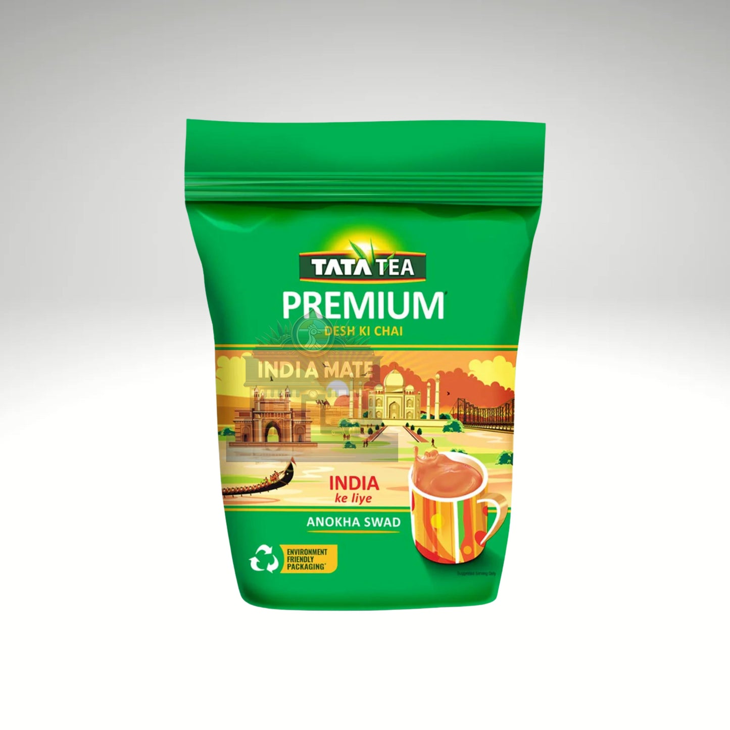 Tata Tea Premium green packaging with scenic design on a white background