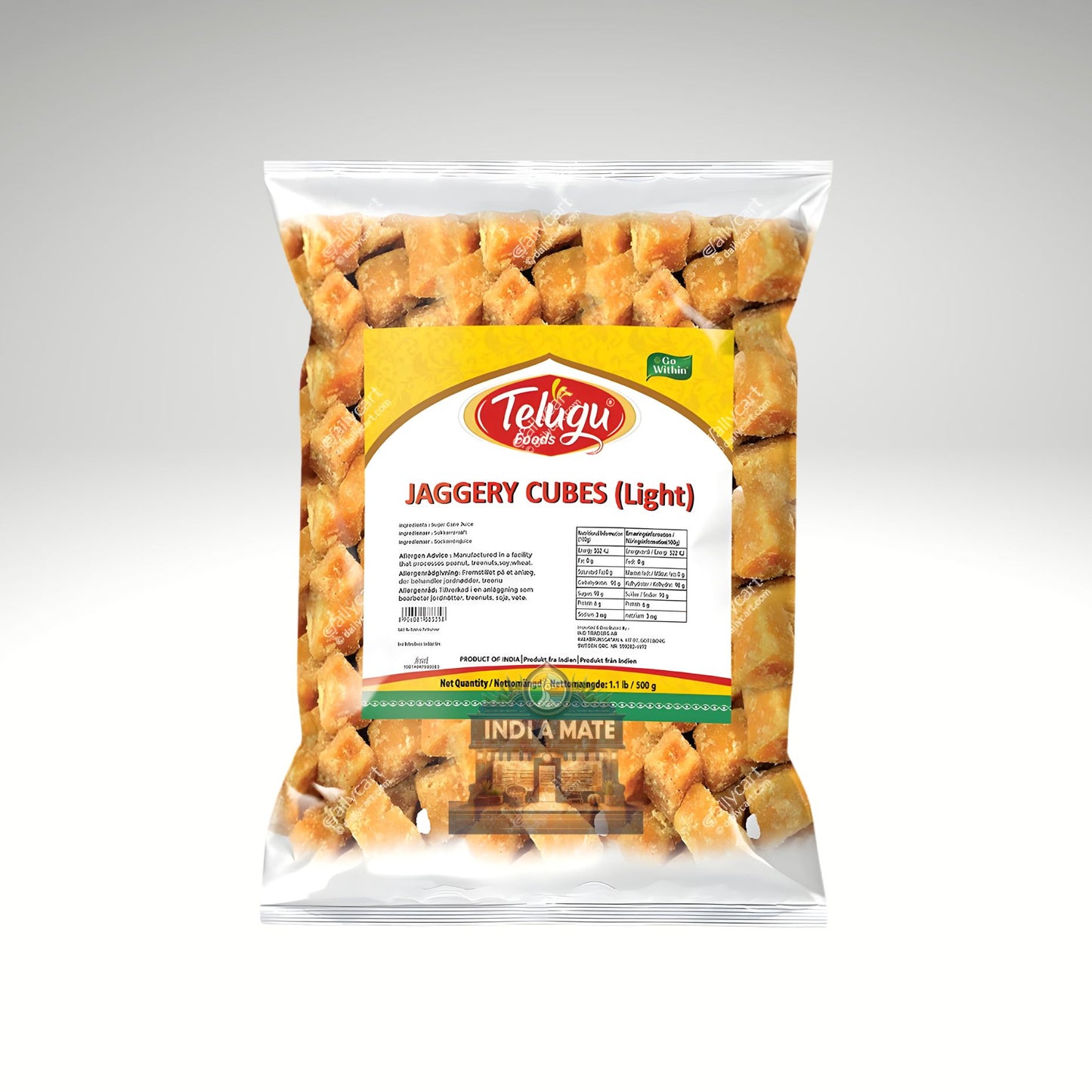 Packaged jaggery cubes with Telugu Rasam brand label on a white background.