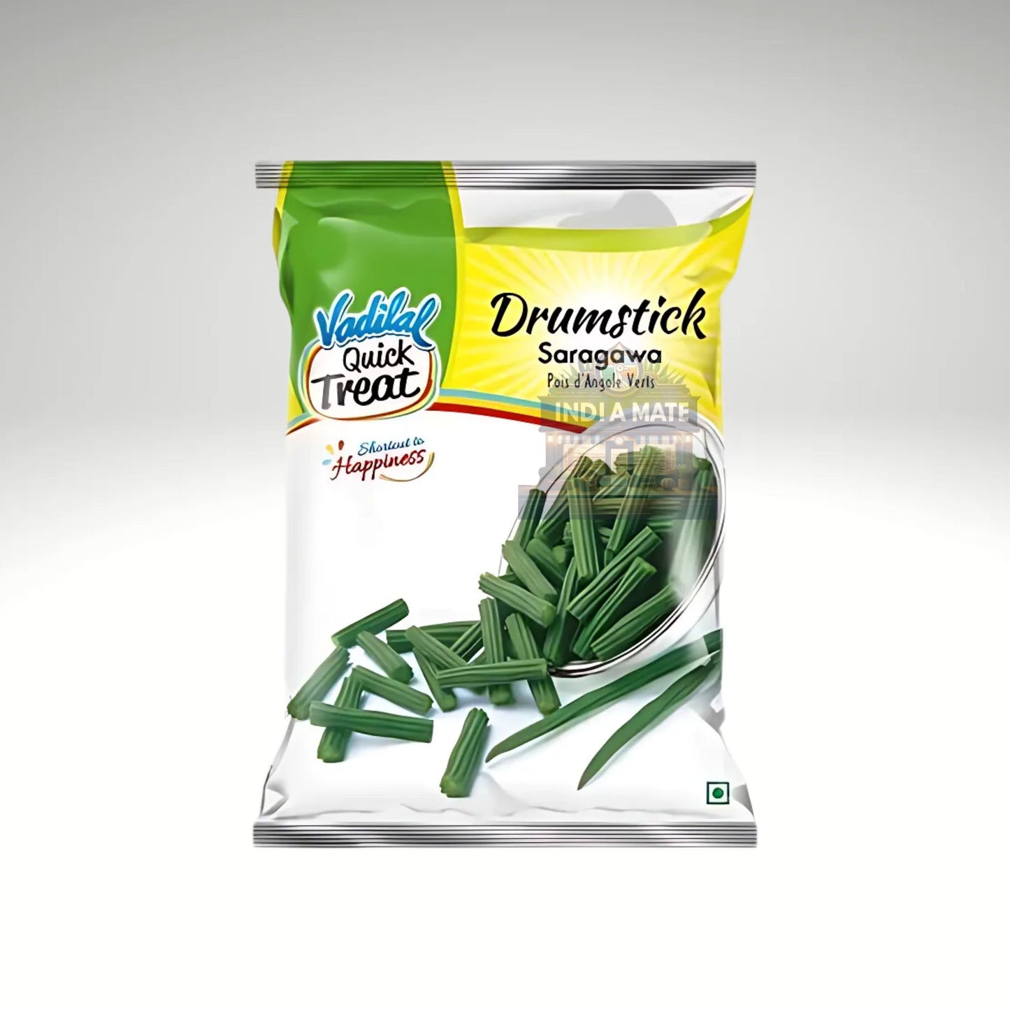 Packaged green drumsticks with Vaddi Lal branding on a white background