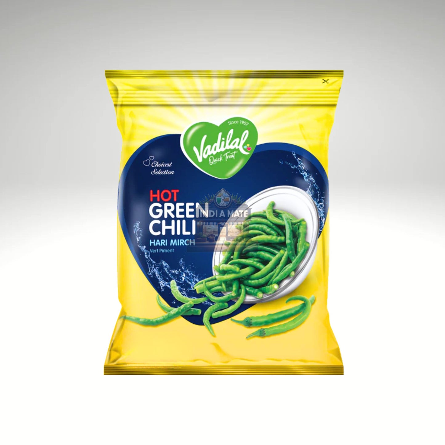 Vadilal Hot Green Chilli snack packet on a gray background