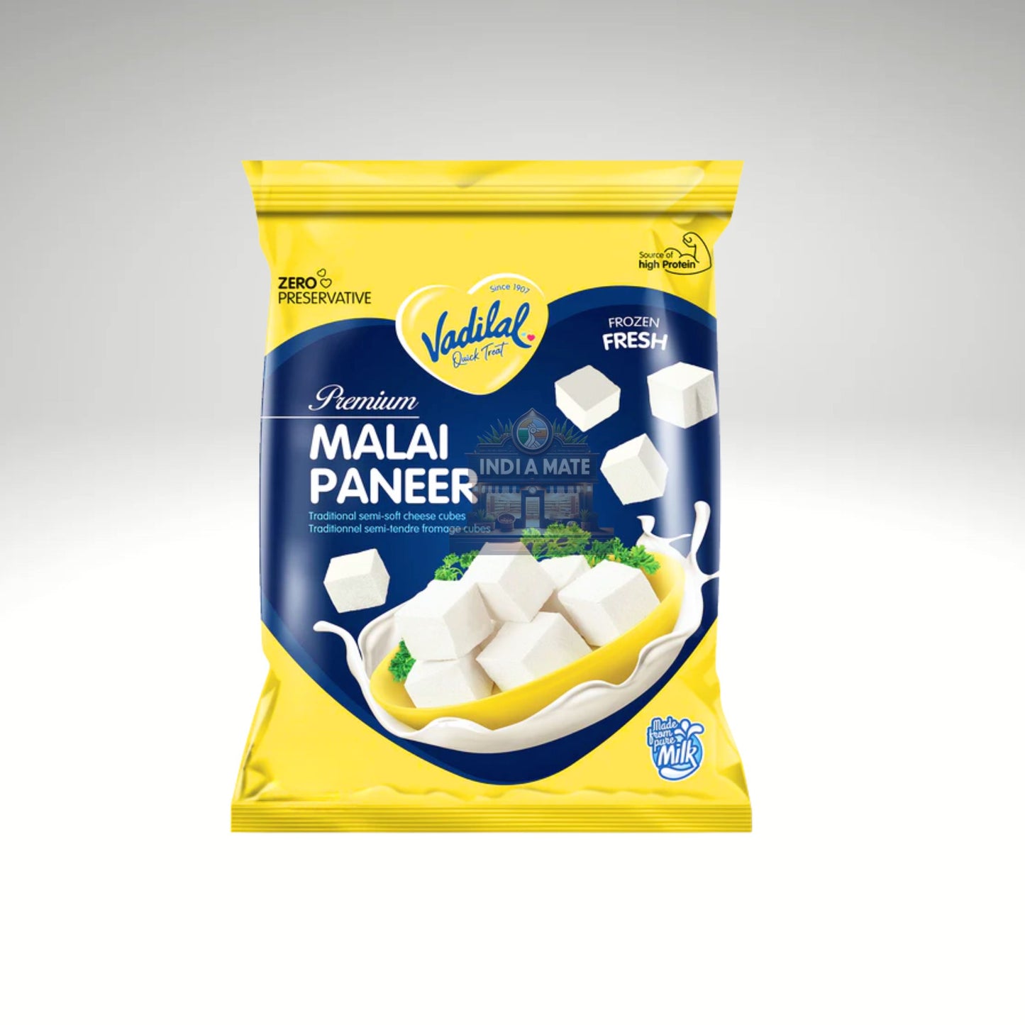Vadilal Malai Paneer packaging on a gray background