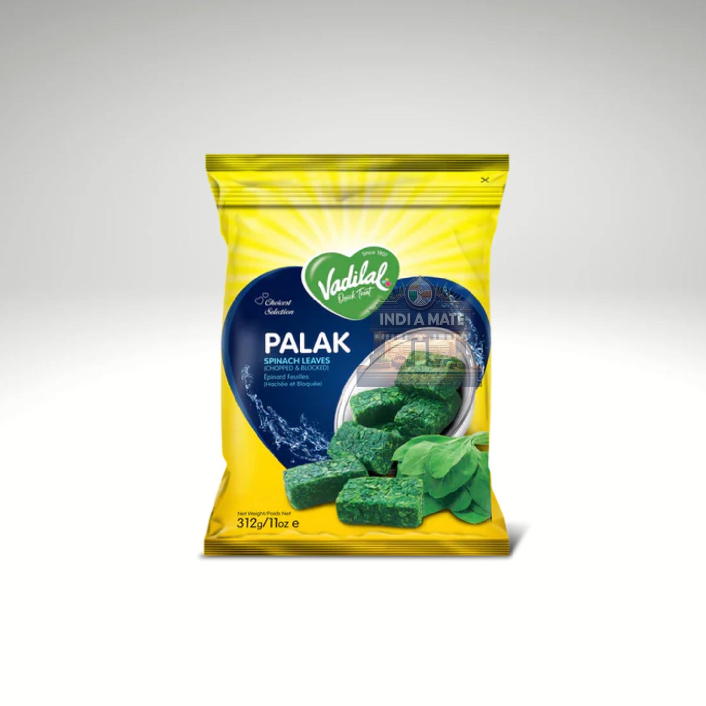 Vadilal Palak Spinach Block – frozen spinach block for curries, soups, and parathas. Sold by IndiaMate.