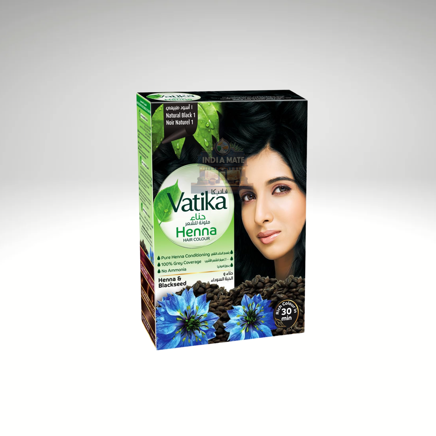 Vatika Henna packaging with a woman's face and henna flowers on a white background