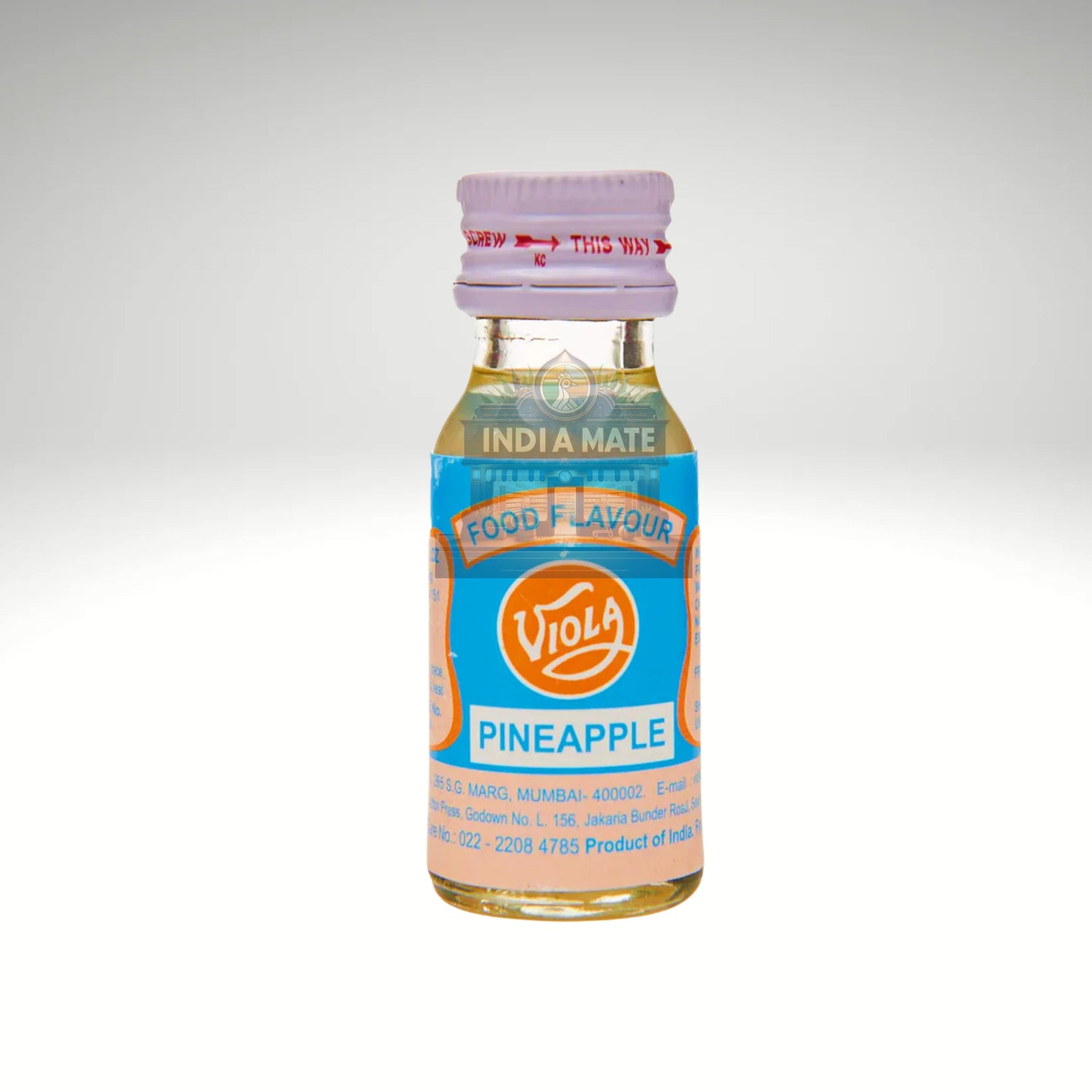Small bottle of Viola Pineapple food flavoring on a white background
