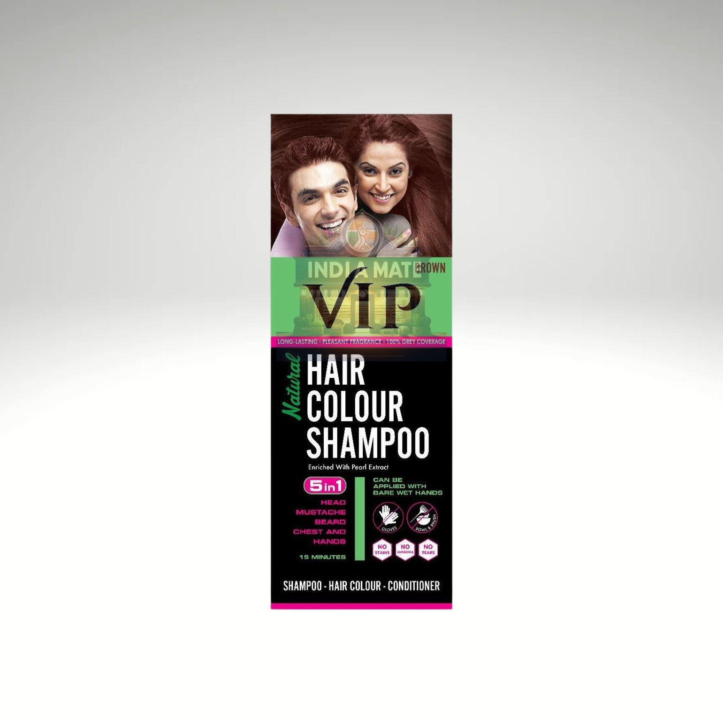 Hair color shampoo packaging with a man and woman on a gray background