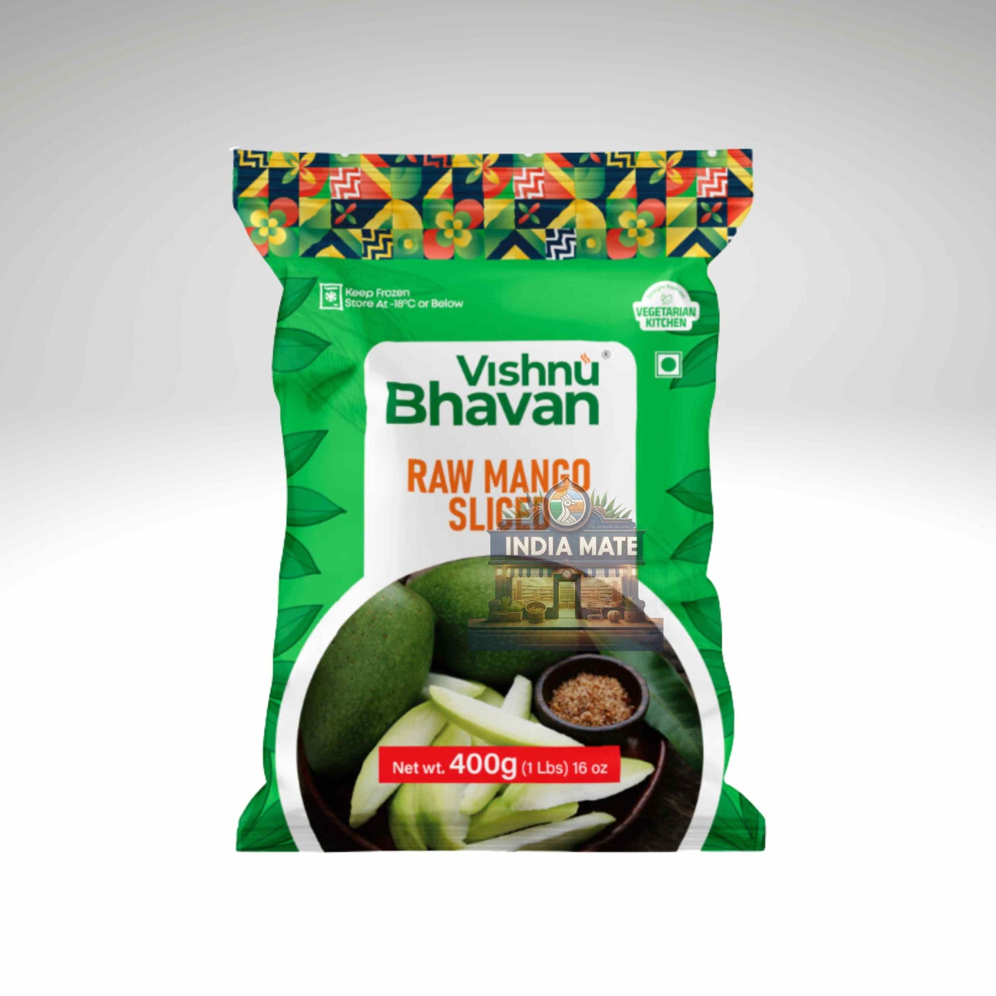 Vishnu Bhavan raw mango sliced package on a white background