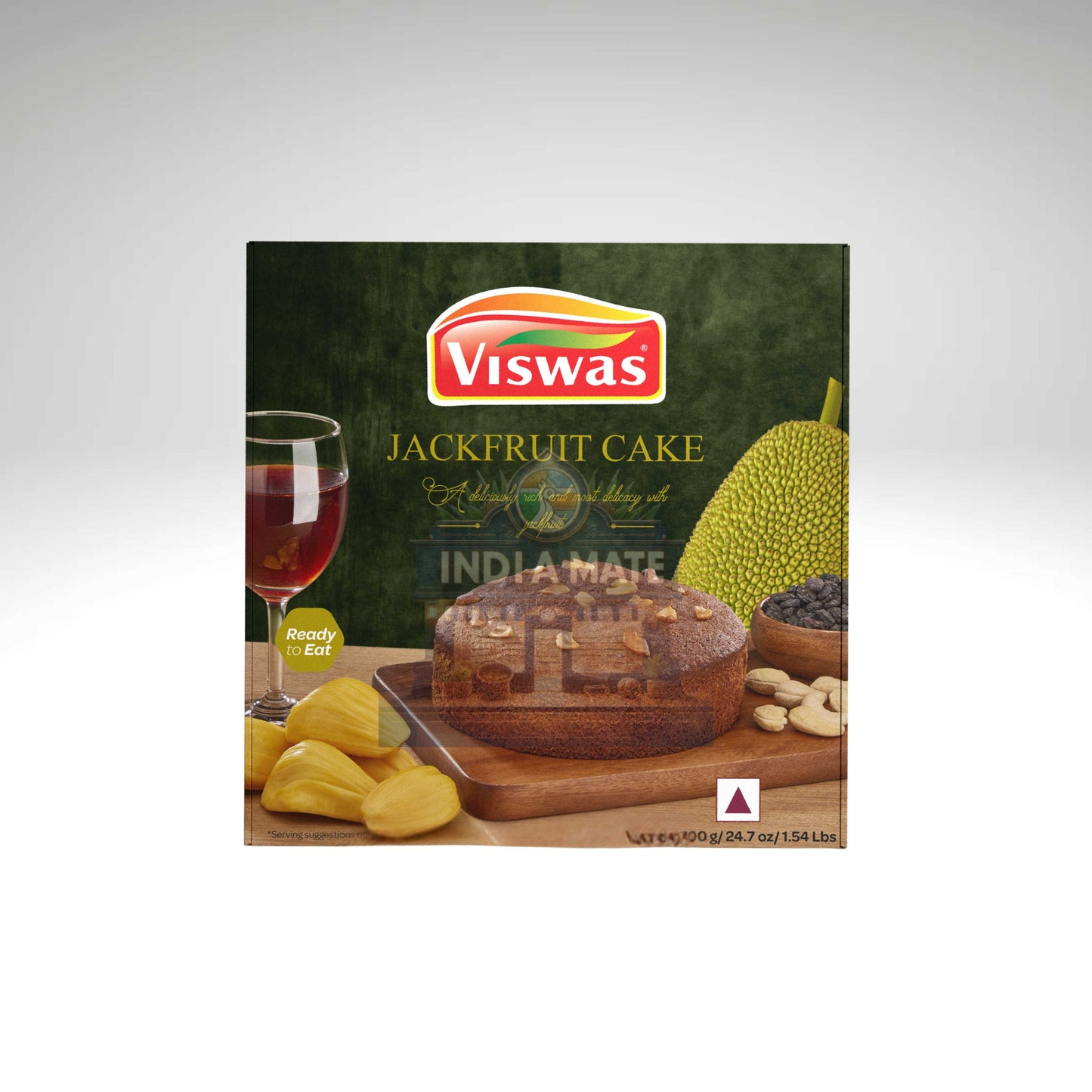 Viswas Jackfruit Cake packaging with jackfruit and wine on a white background