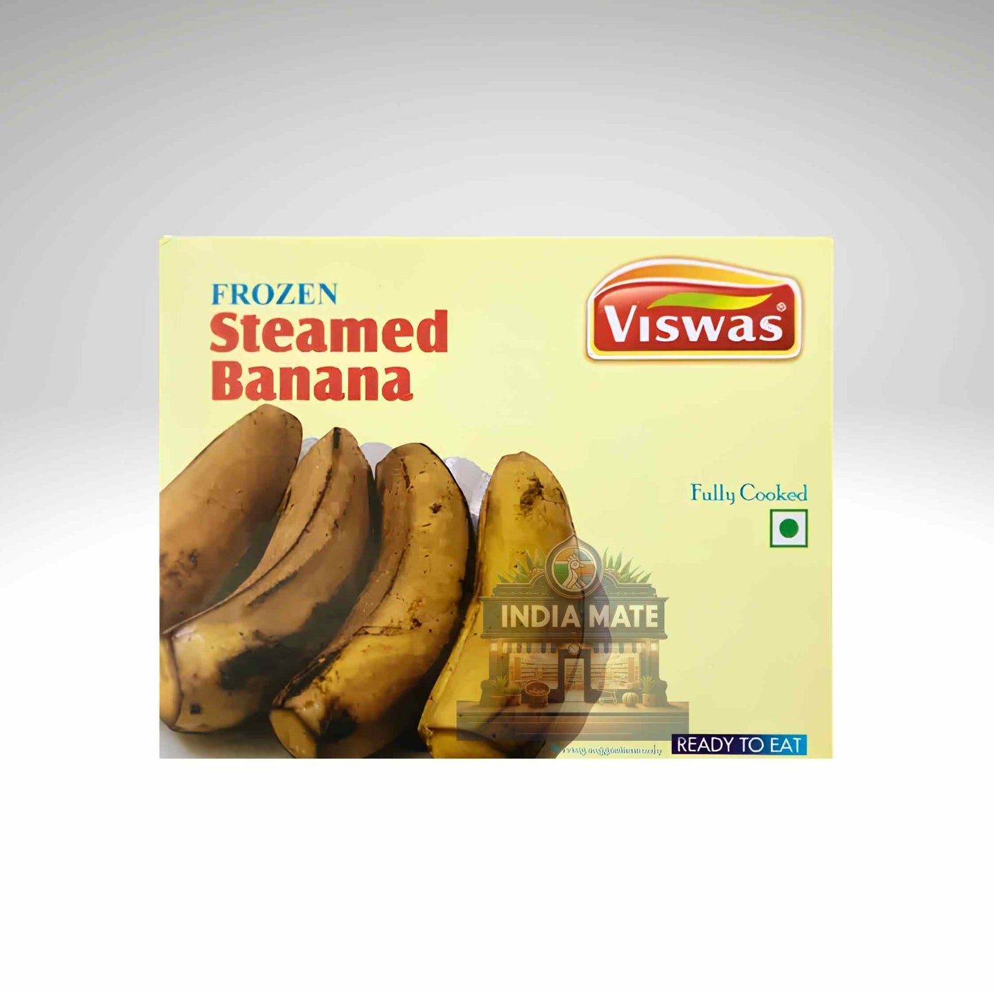 Viswas brand packaging of frozen steamed banana on a light gray background