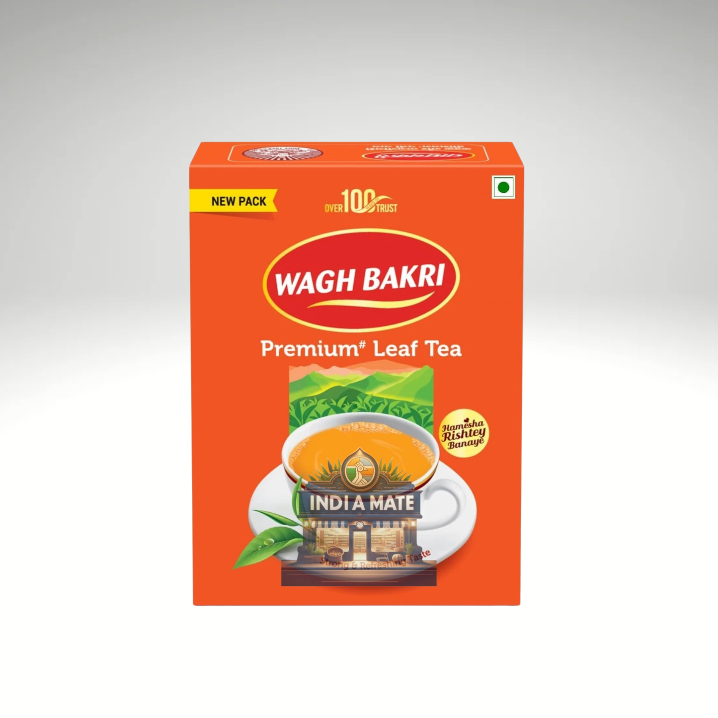 Wagh Bakri Premium Leaf Tea packaging on a white background