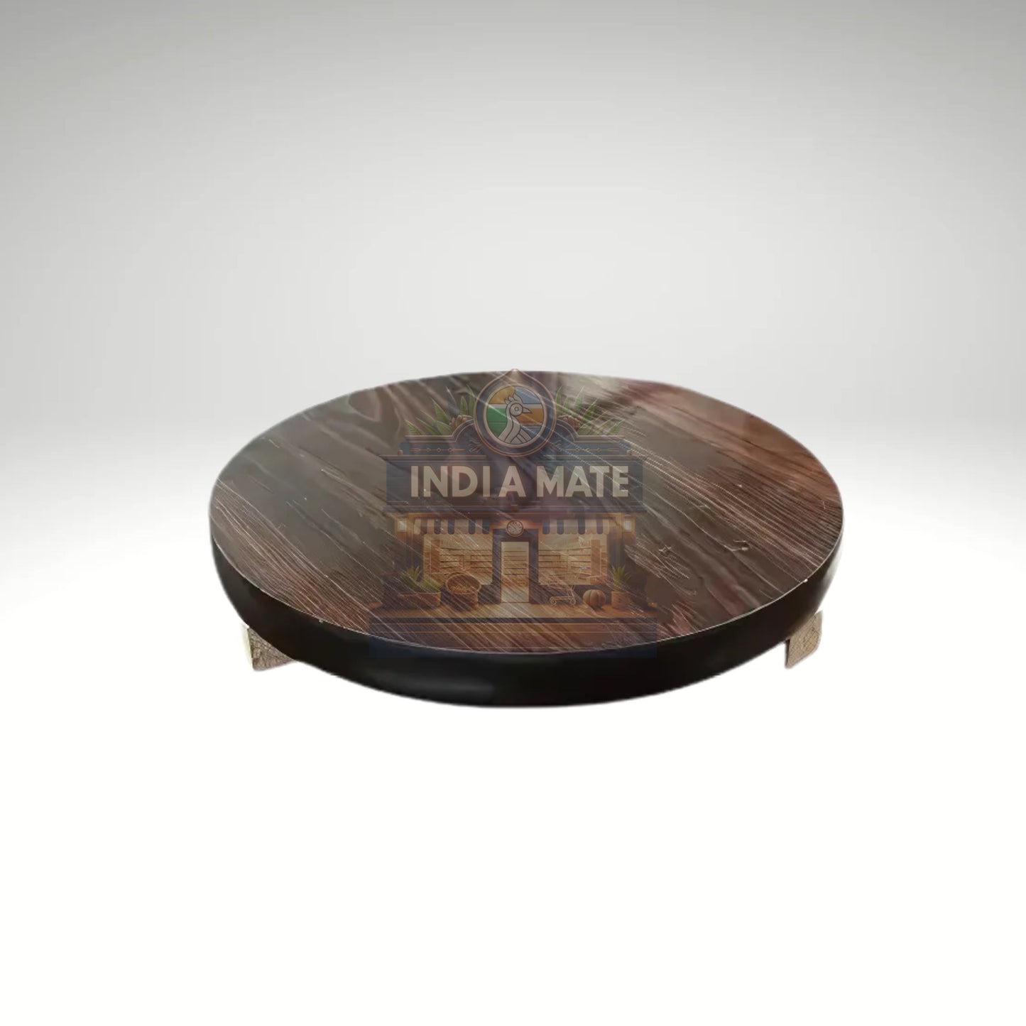 Round wooden tray with 'India Mate' branding on a white background