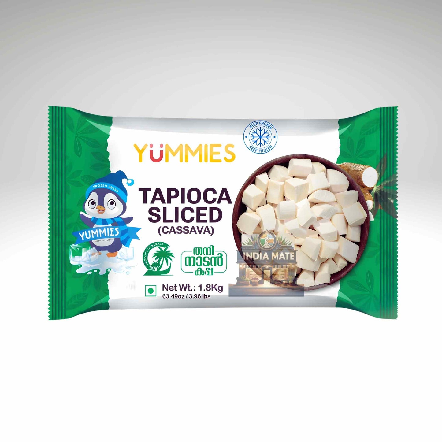 Yummies tapioca sliced packaging with a penguin character on a white background