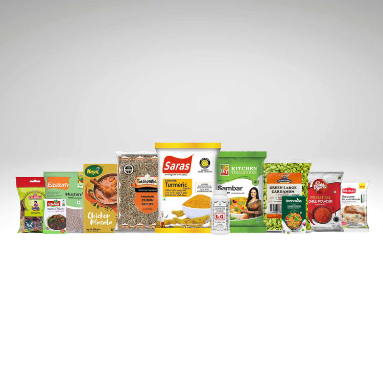 Indian and southindian spices and masalas from saras, mdh, brahmins, katoomba, mayil.