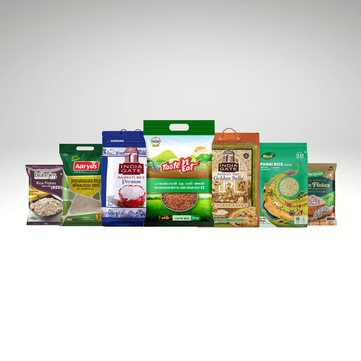 Collection of rice and rice products, including white, brown, and wild rice, plus rice noodles and cakes—ideal for a variety of dishes