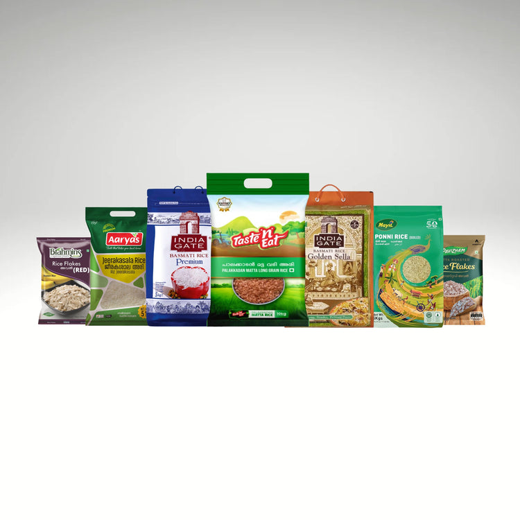 Collection of rice and rice products, including white, brown, and wild rice, plus rice noodles and cakes—ideal for a variety of dishes