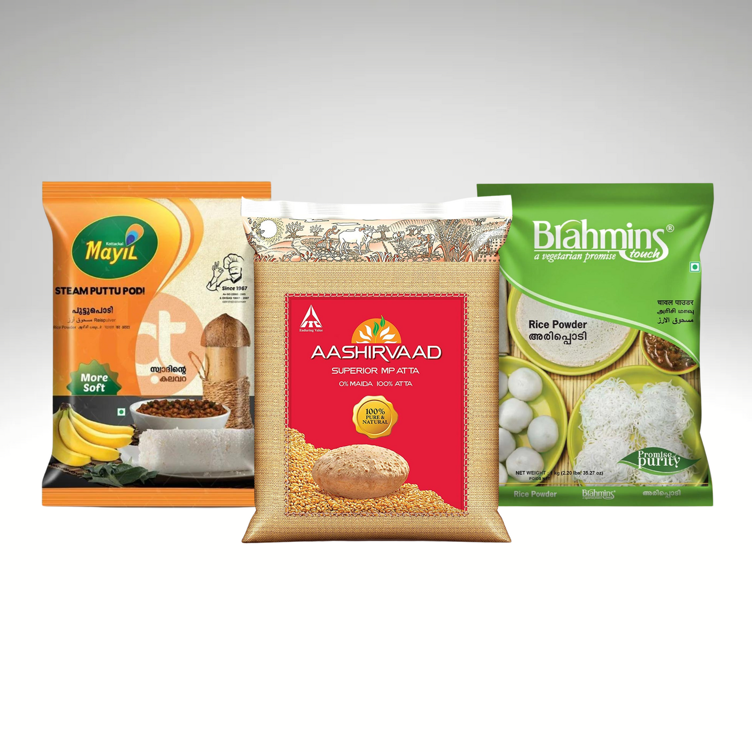 Rice flour, puttu podi, appam podi and atta from popular brands including brahmins, aashirvaad, mayil, saras.