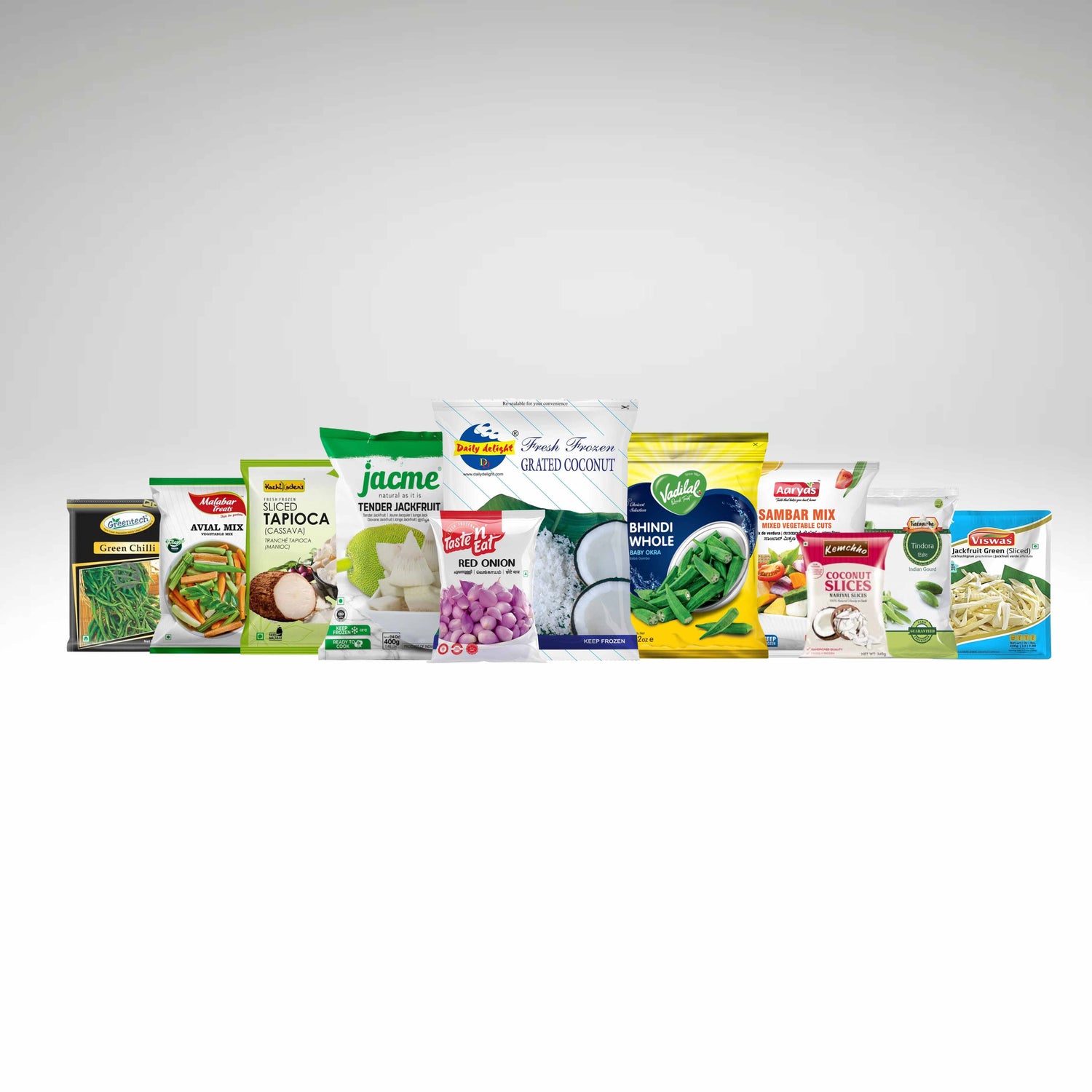 frozen indian vegetables and fruits including okra, jackfruit, tapioca or cassava, chilli tindora, aviyal mix, sambar mix etc.