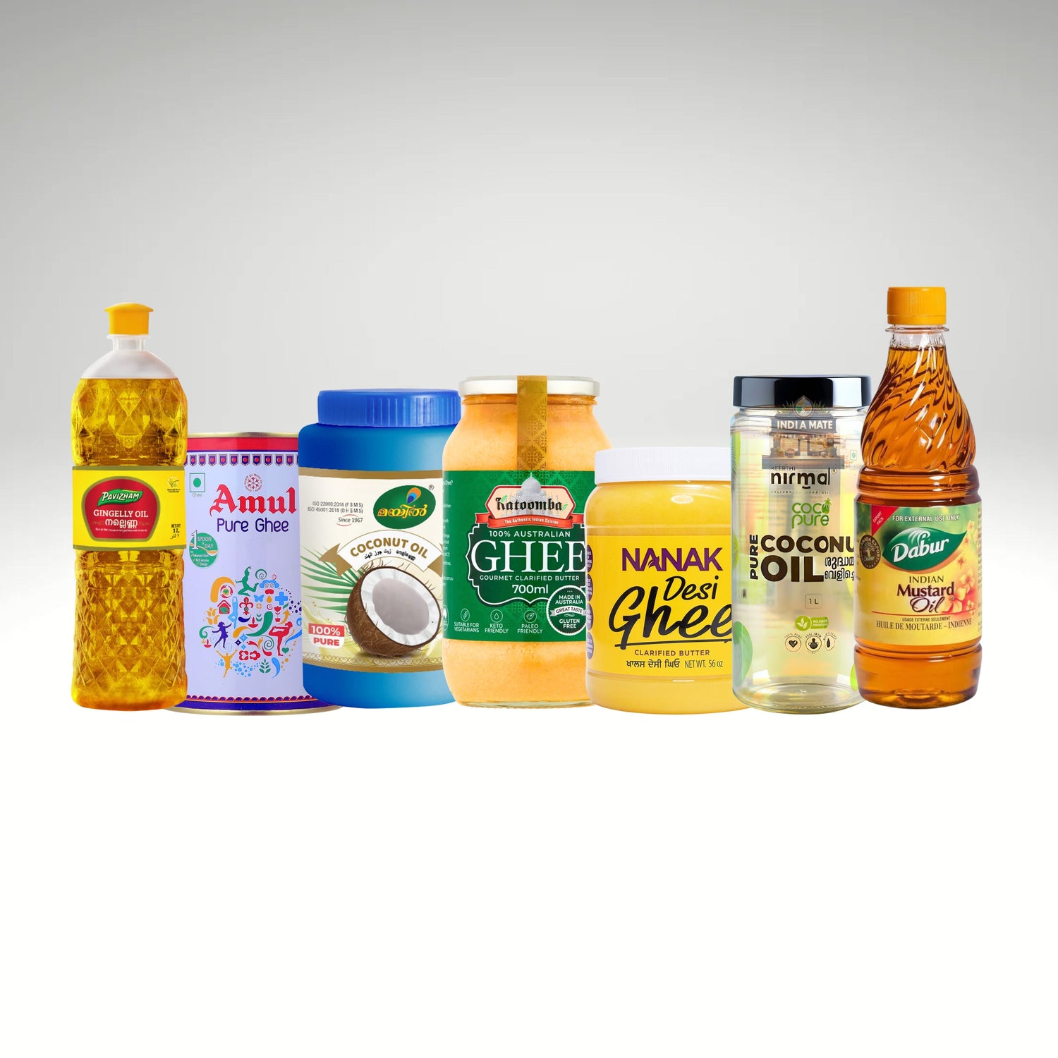 Range of pure ghee and quality oils, for Indian. From ghee to coconut oil from popular brands including nanak, katoomba, pavizham etc.