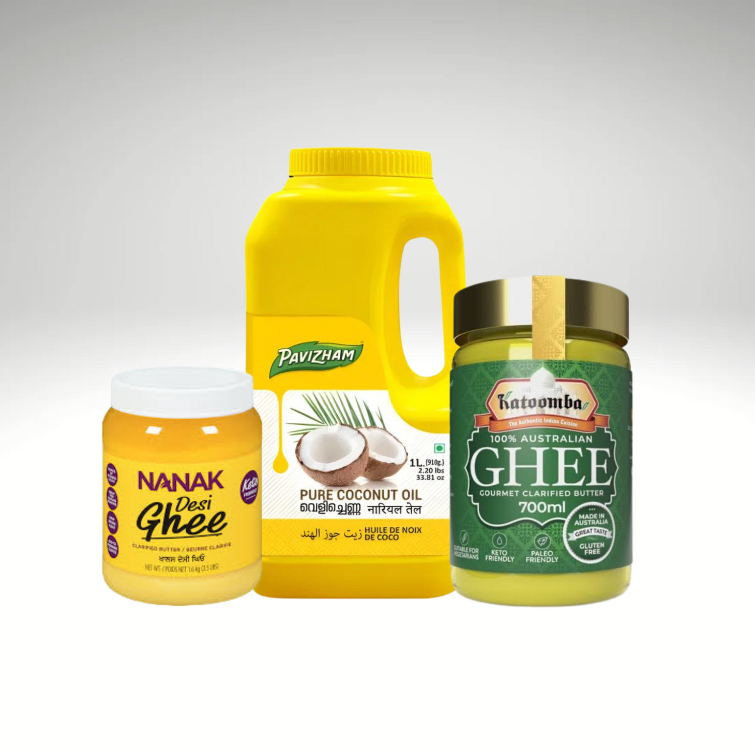 Range of pure ghee and quality oils, for Indian. From ghee to coconut oil from popular brands including nanak, katoomba, pavizham etc.