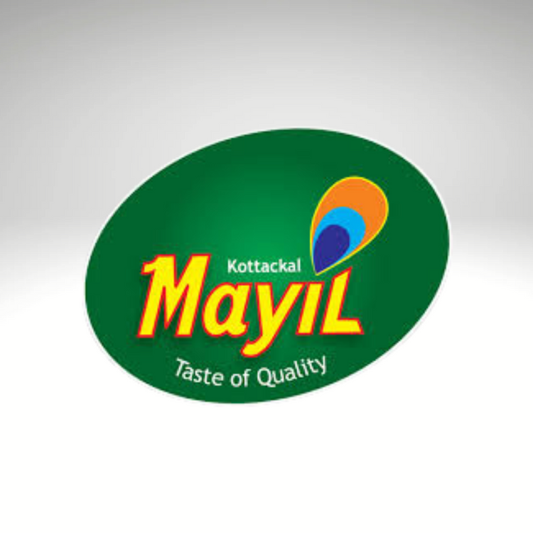 A distinctive emblem representing the Mayil brand, known for its authentic South Indian food products.