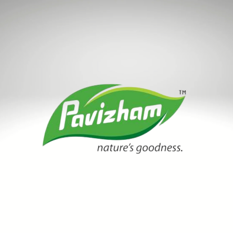 A distinctive emblem representing the Pavizham brand, known for its quality food products inspired by South Indian cuisine.