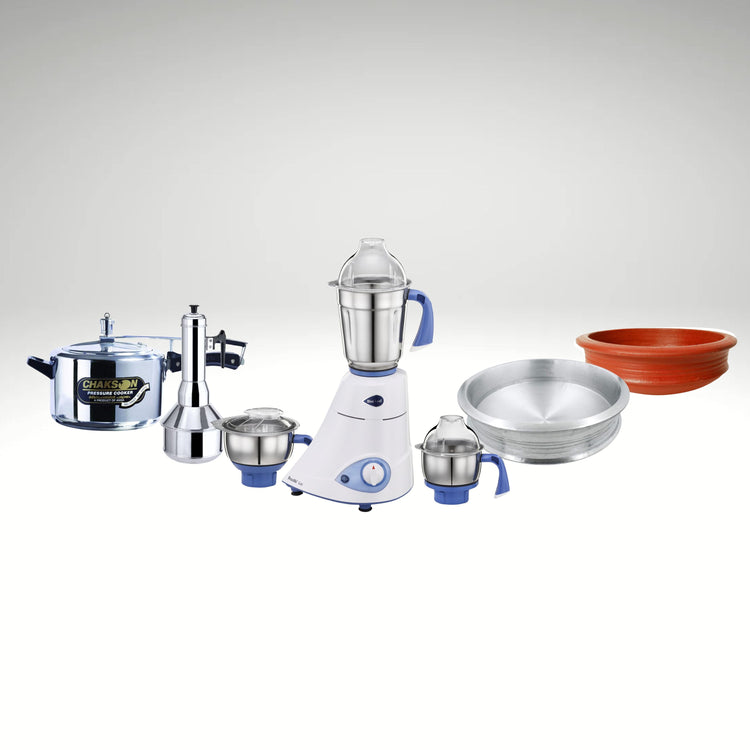 Pressure Cooker, Mixer Grinder, Meen Chatti (Clay Pot), and Puttu Maker (Puttu Kudam) - Essential kitchenware for traditional and modern Indian cooking.