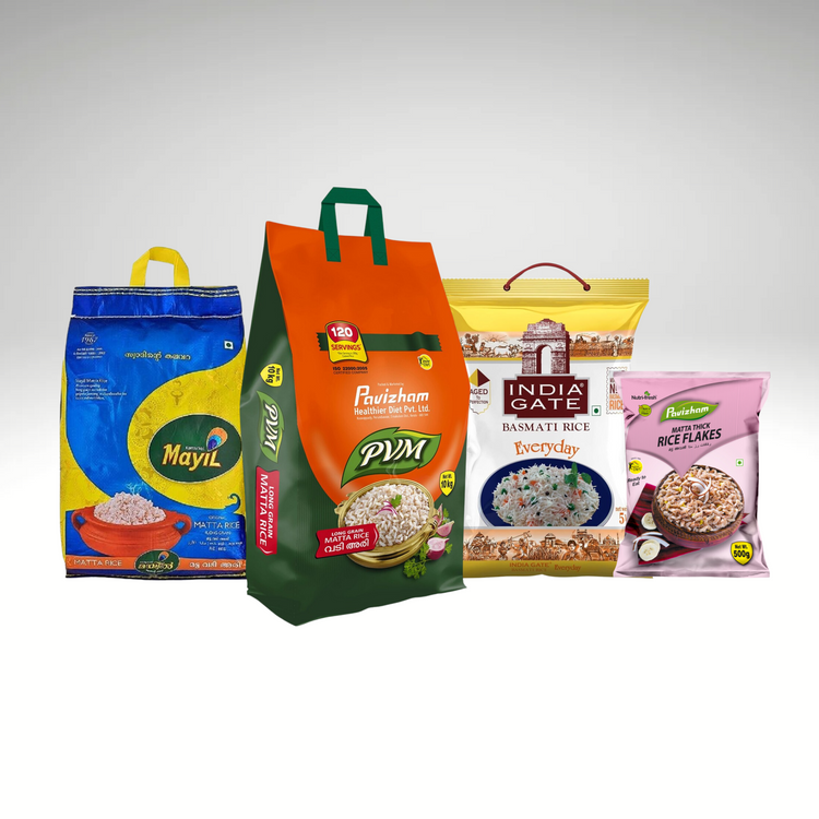 Collection of rice and rice products, including white, brown, and wild rice, plus rice noodles and cakes—ideal for a variety of dishes