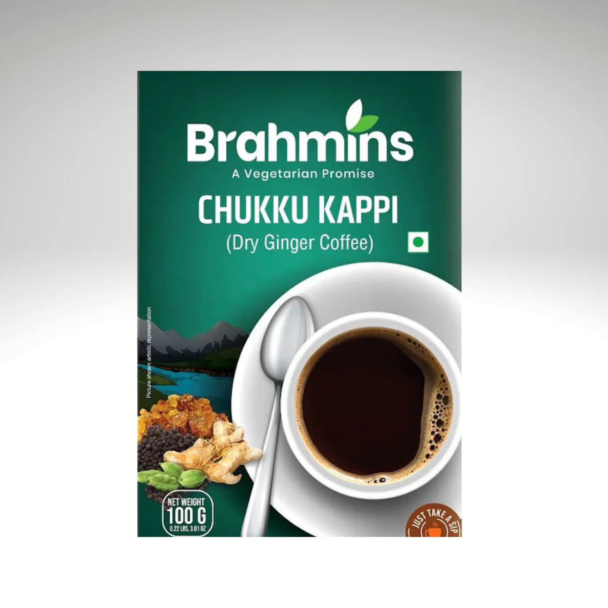 Image of a package of Brahmins Chukku Kappi Dry Ginger Coffee, showcasing a vibrant design with the product name clearly visible. The packaging features an illustration of a steaming cup of ginger coffee, along with fresh ginger roots and traditional accompaniments, set against a warm, inviting background.