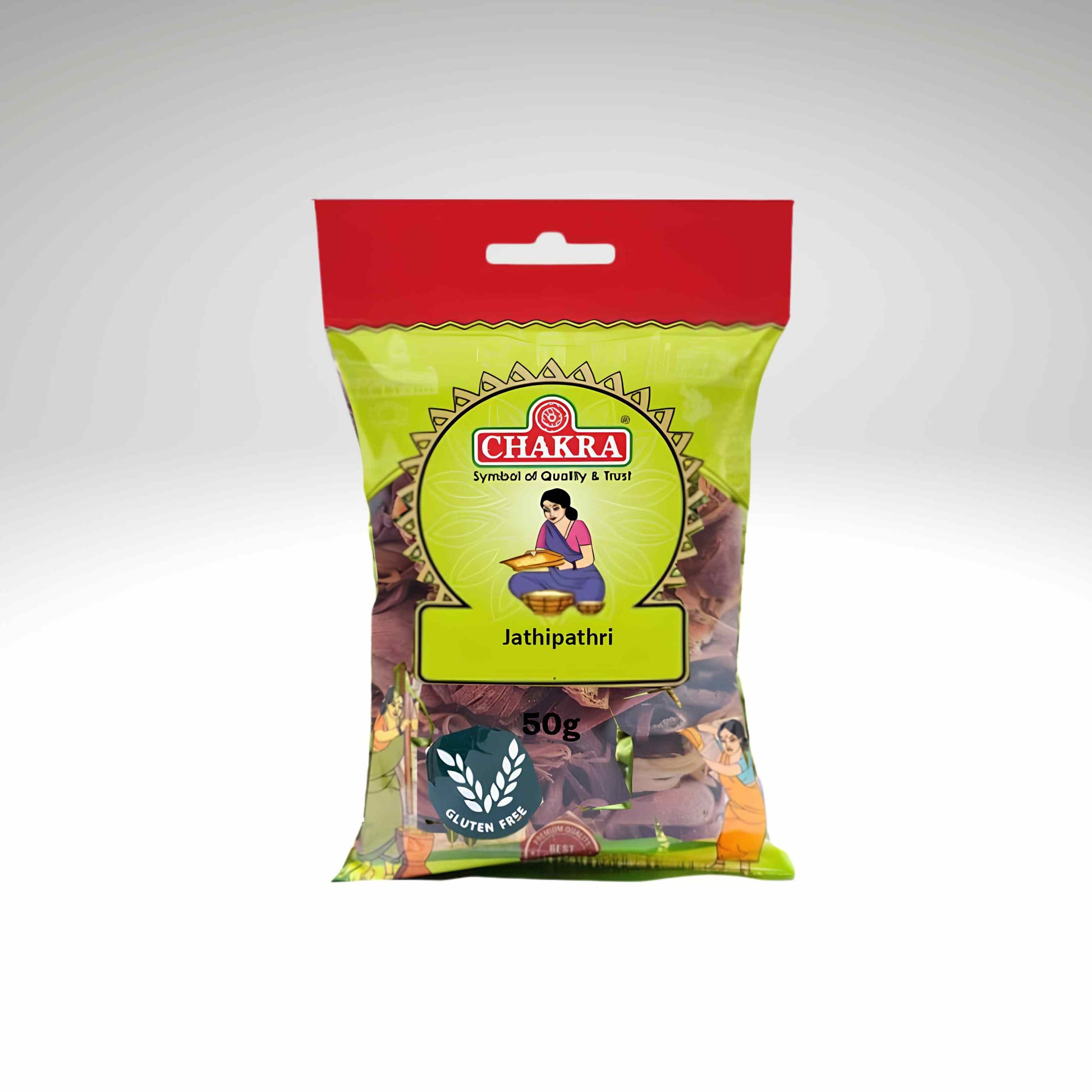 A 50g bag of Chakra Jathipathri, featuring a bright lime green and red packaging design with traditional Indian illustrations on a light gray gradient background.