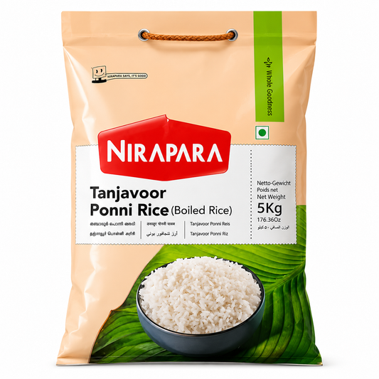 Nirapara Tanjavor Ponni Rice packaging with a bowl of rice on a green leaf background