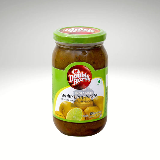 Double Horse White Lime Pickle – Mild, tangy Indian pickle made with limes and aromatic spices. Sold by Indiamate.