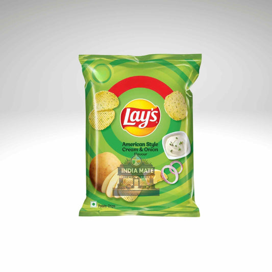 Lay's green packet of American Style Cream & Onion flavor chips on a white background.