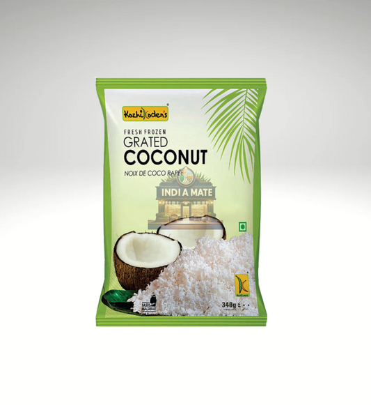 Packaging of fresh frozen grated coconut with brand logo on a white background