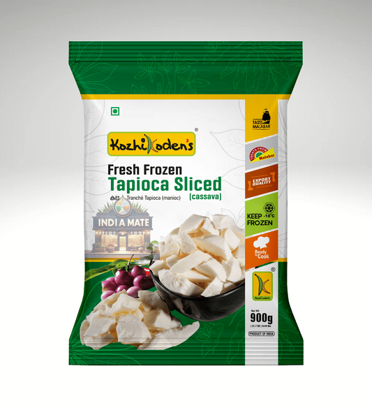 Kozhikoden's Sliced Tapioca (Cassava) in fresh, ready-to-cook packaging, perfect for traditional Kerala and South Indian dishes.