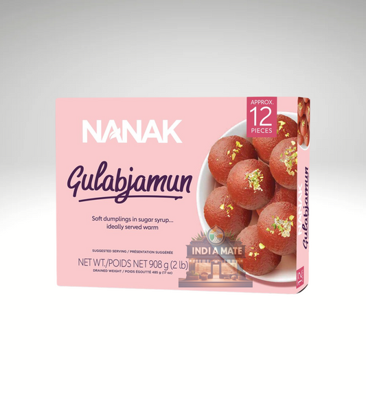 Nanak Gulab Jamun in attractive packaging, offering soft, syrup-soaked, and delicious Indian sweets perfect for festive occasions and dessert lovers.