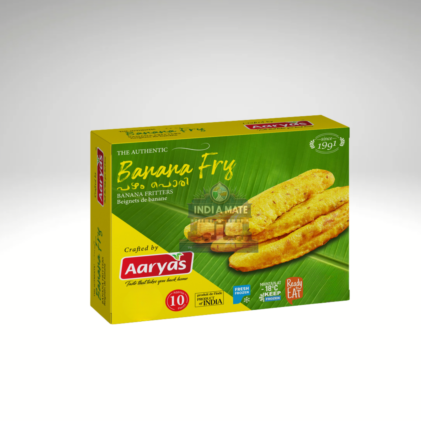 Aaryas Frozen Banana Fry – pre-sliced ripe banana fritters ready to fry, traditional Kerala snack.