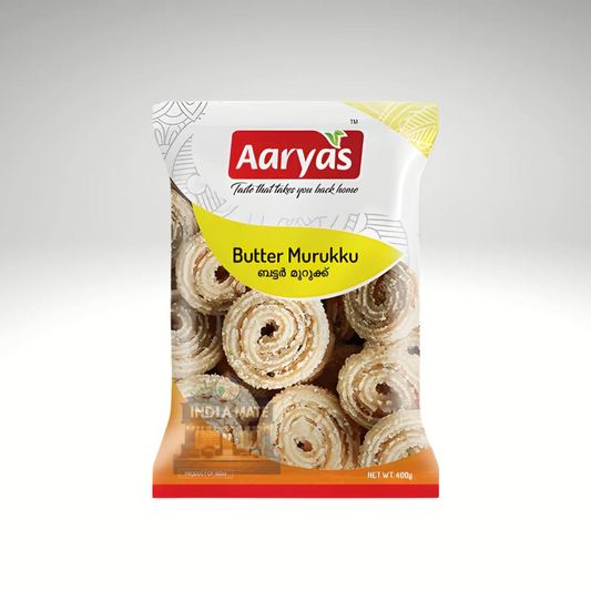 Aaryas Butter Murukku crunchy South Indian rice flour snack with butter.
