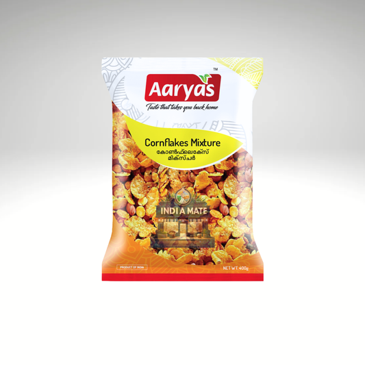 Aaryas Cornflakes Mixture – crunchy and spicy South Indian snack with roasted cornflakes and peanuts. Sold by IndiaMate.