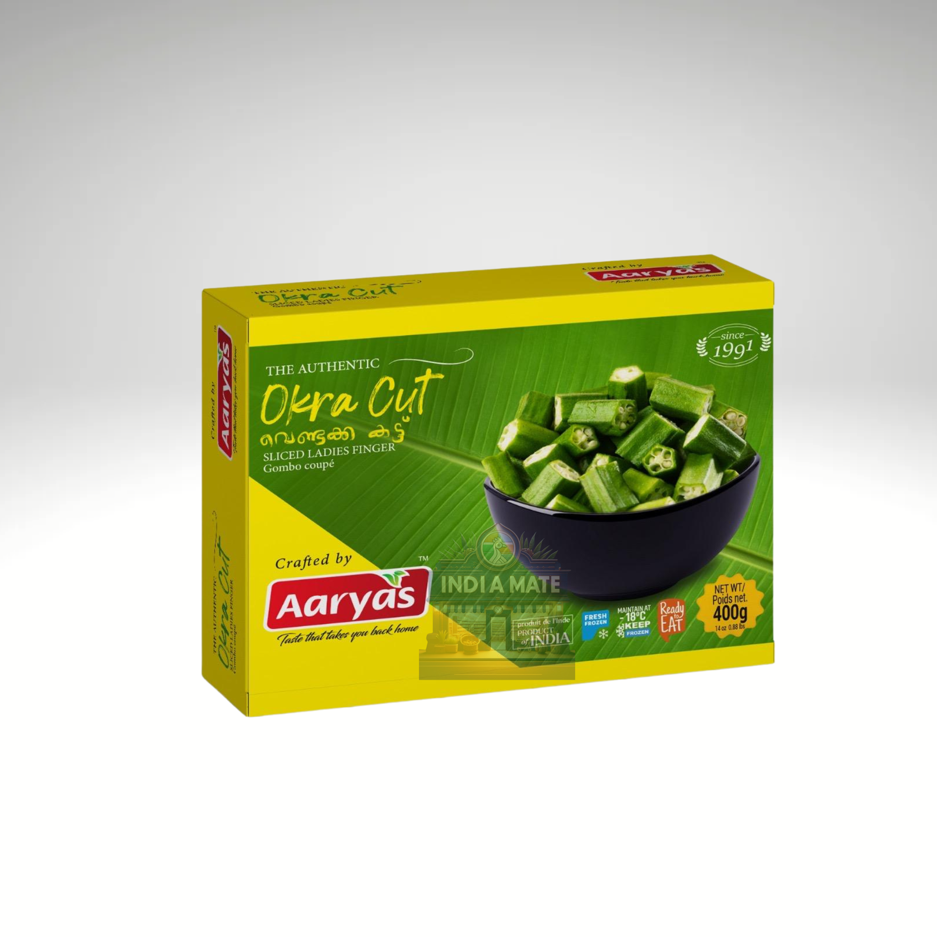 Aaryas Cut Okra fresh frozen bhindi lady’s finger pieces.