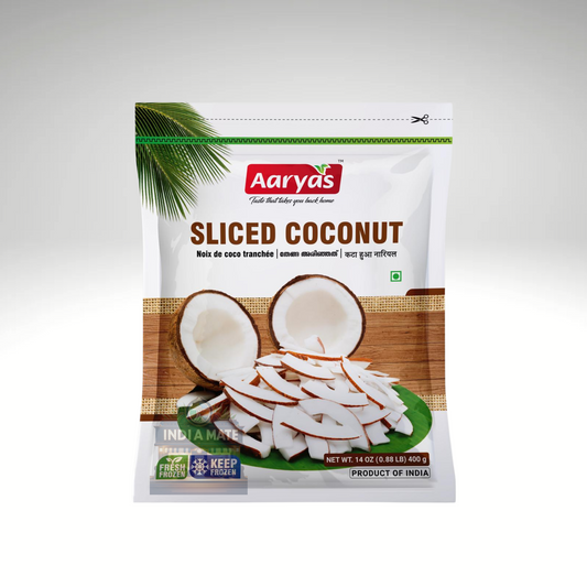 Aaryas Sliced Coconut fresh cut coconut pieces for cooking.