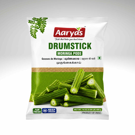 A package of Aaryas Drumstick Moringa Pods, featuring a white and green bag with a clear window showing the green pods inside, set against a neutral gray background.