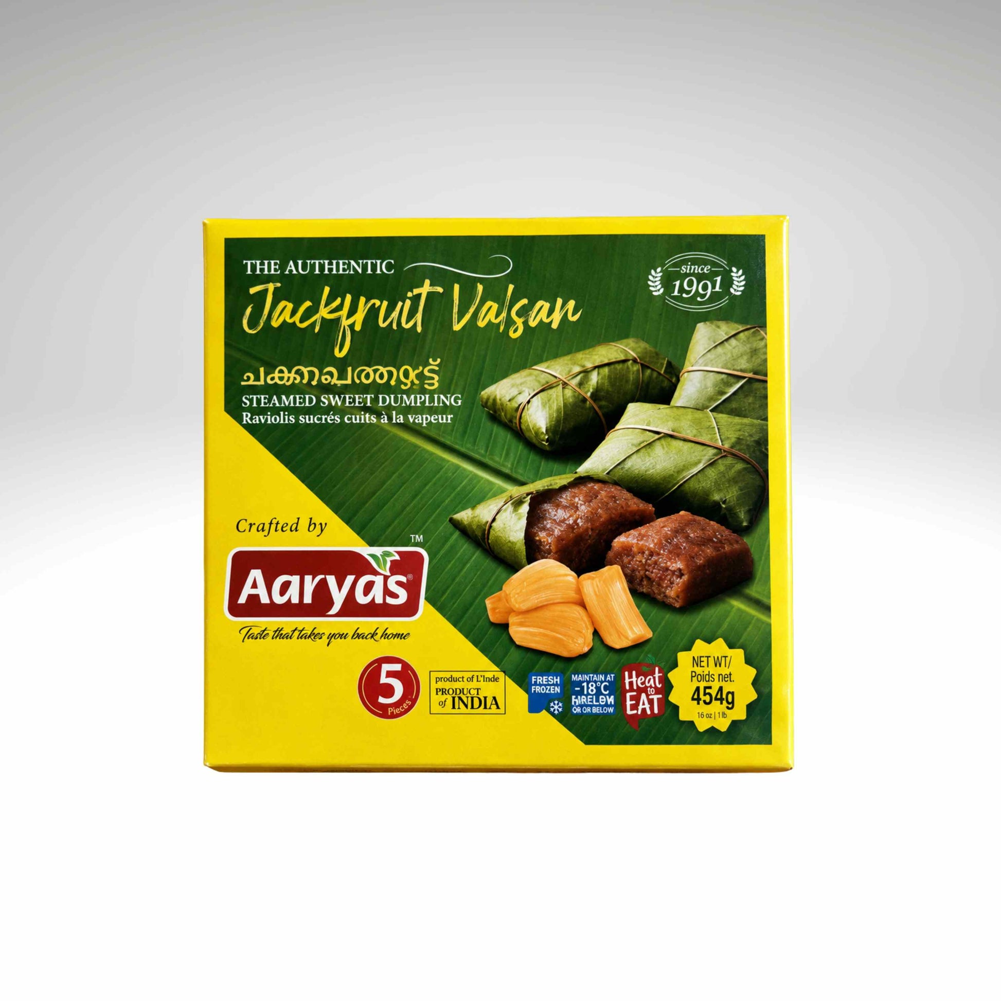 A yellow and green box of Aaryas Authentic Jackfruit Valsan steamed sweet dumplings, featuring images of wrapped dumplings and jackfruit pieces on a clean white-to-gray gradient background.