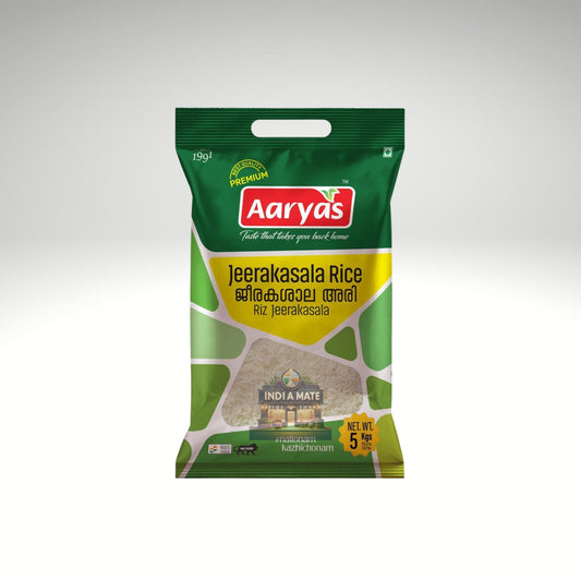 Aaryas Jeerakasala Rice packaging on a white background.