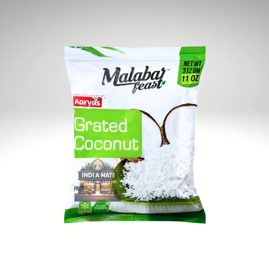Aaryas Malabar Feast Grated Coconut – fresh, finely grated coconut for cooking and sweets. Sold by IndiaMate.
