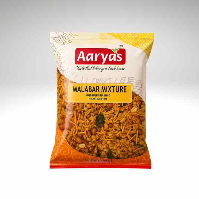A bag of Aaryas Malabar Mixture, featuring a white, yellow, and orange packaging design with a clear window showing the fried snack mixture inside.