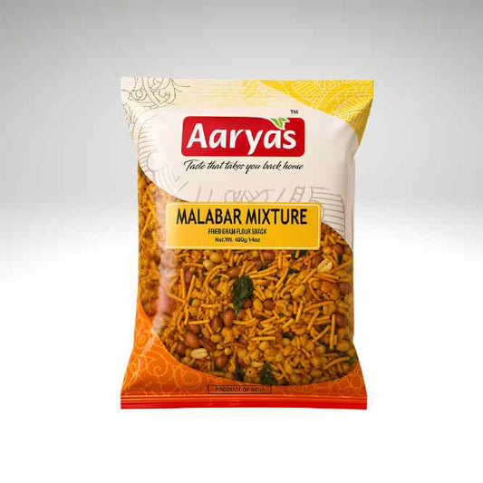 A bag of Aaryas Malabar Mixture, featuring a white, yellow, and orange packaging design with a clear window showing the fried snack mixture inside.