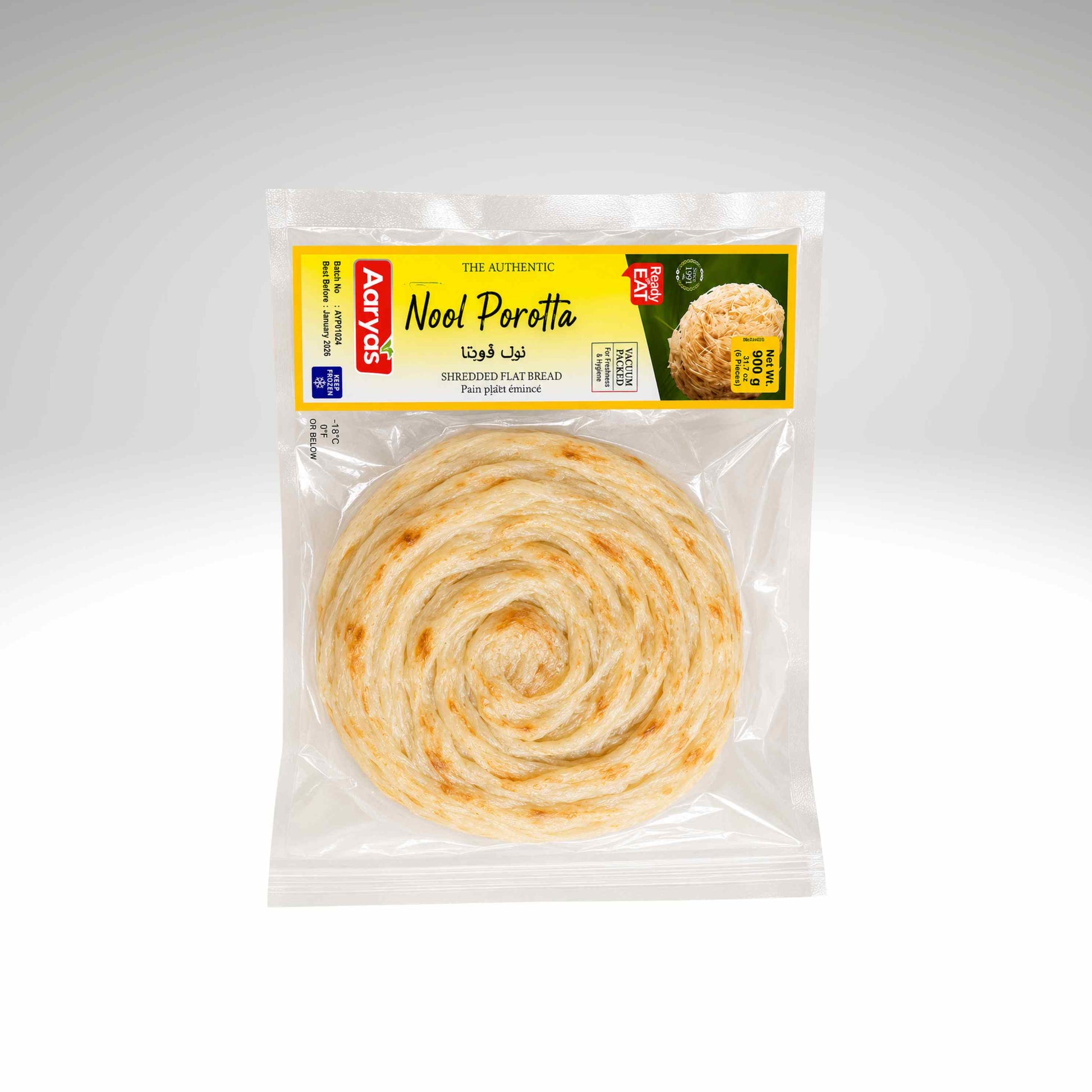 A packaged round flatbread, labeled 'Nool Porotta' by the brand Actyfas, sealed in a clear plastic bag against a light gray background.