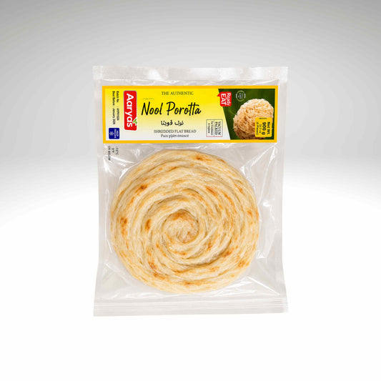 A packaged round flatbread, labeled 'Nool Porotta' by the brand Actyfas, sealed in a clear plastic bag against a light gray background.