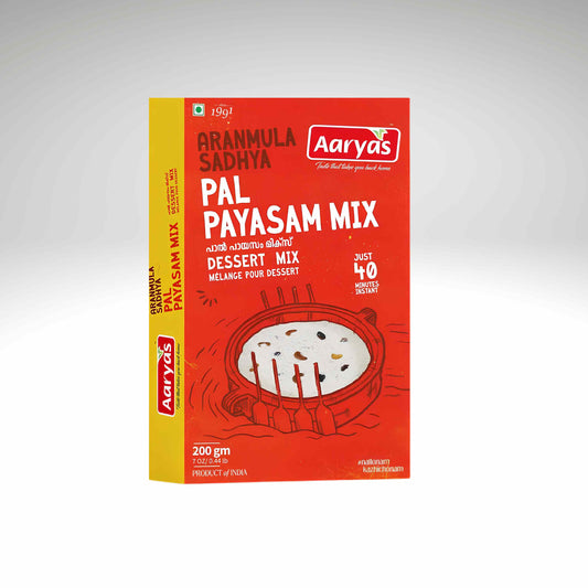A 200g box of Aarya's Pal Payasam Mix dessert mix, featuring a red and yellow packaging design with an illustration of a traditional clay pot containing the dessert mix.