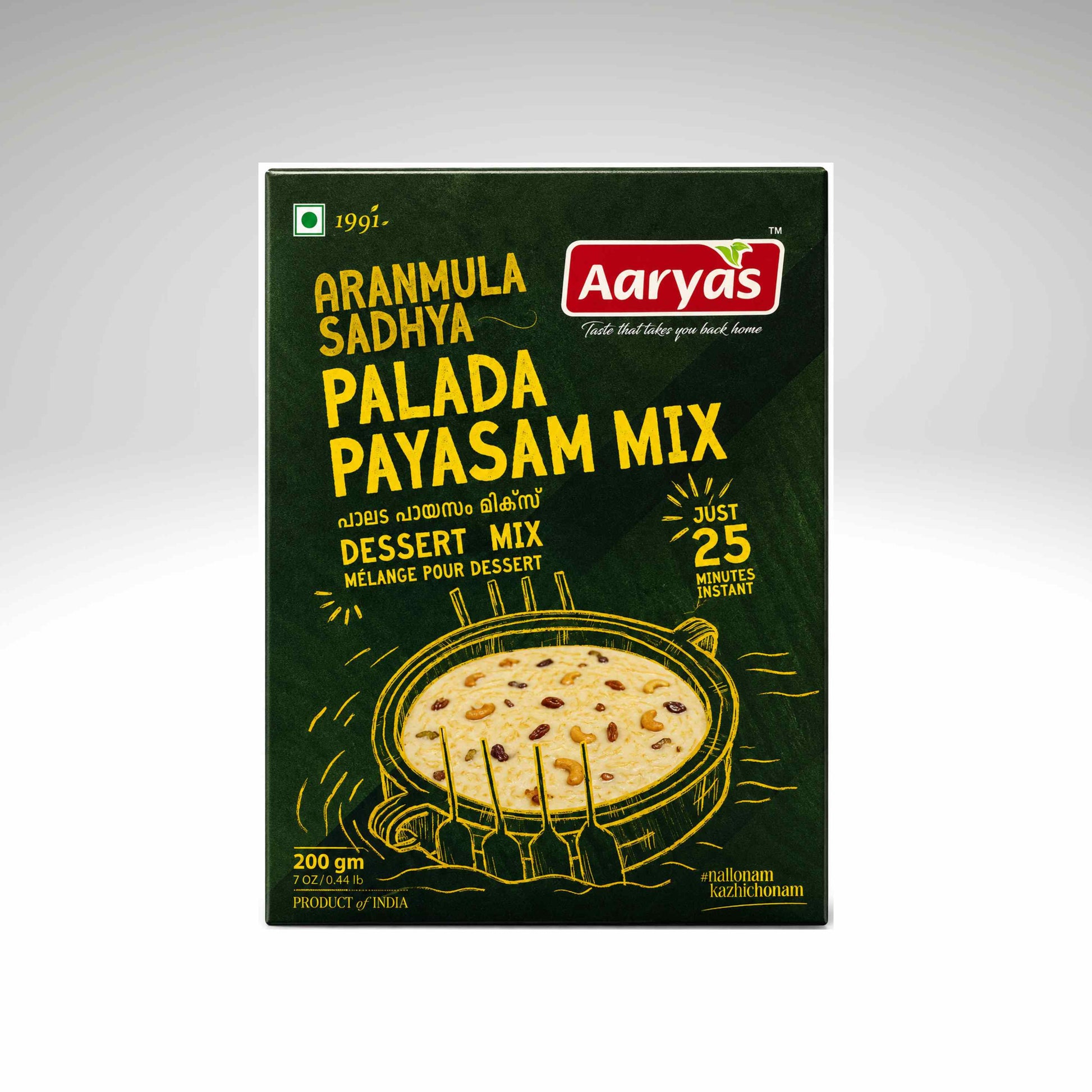 A box of Aaryas Aranmula Sadhya Palada Payasam Mix dessert mix, featuring a dark green background with yellow text and an illustration of the prepared dessert.